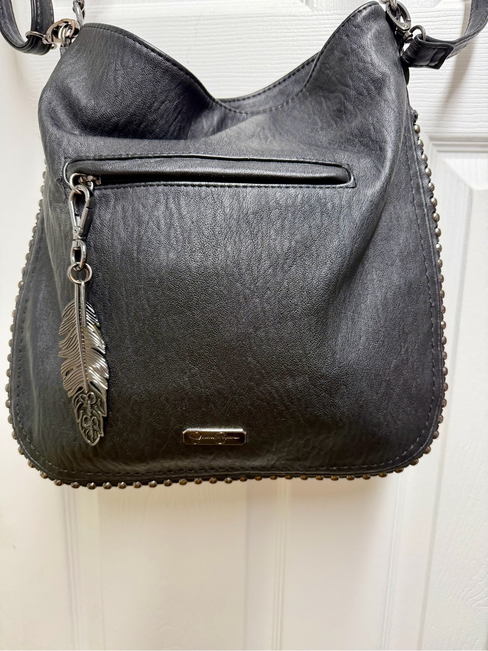 Jessica Simpson Black Vegan Leather and Dark Silver Stud Trim shoulder bag